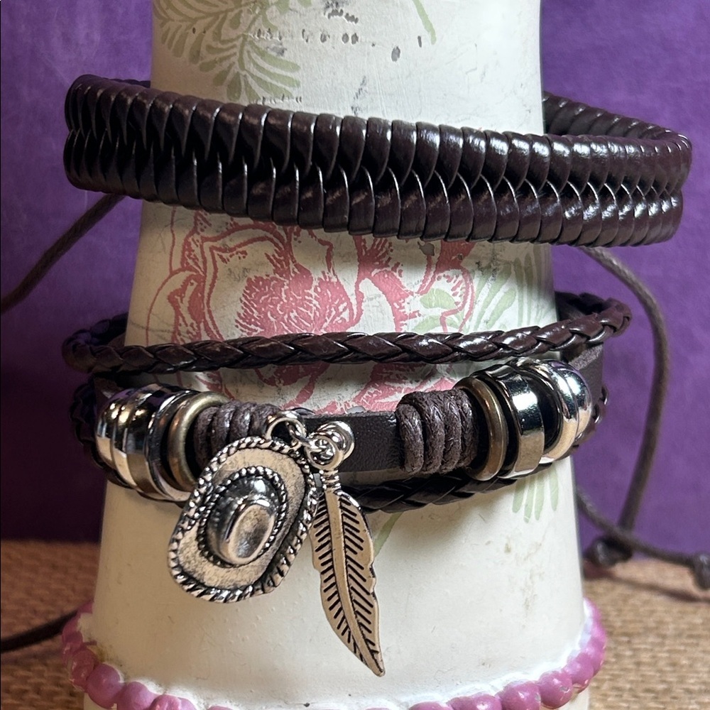 Leather Cowgirl Hat & Feather and A Braided Bracelet Bundle (E)